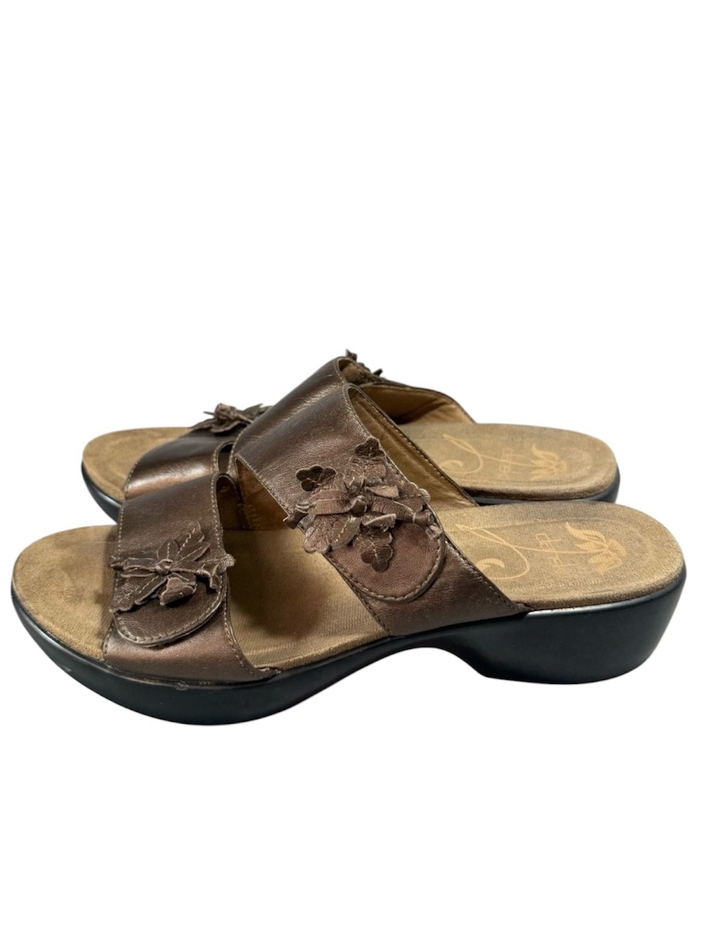Dankso Donna Brown Leather Slide Sandals with Leather Floral Accents